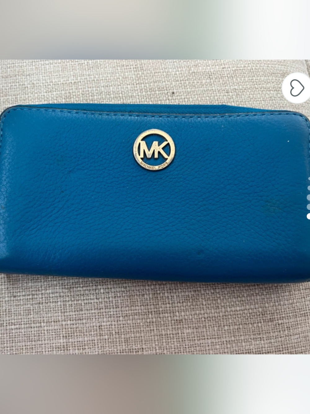 Michael Kors Teal Blue Leather Zip Wallet with Gold MK Emblem